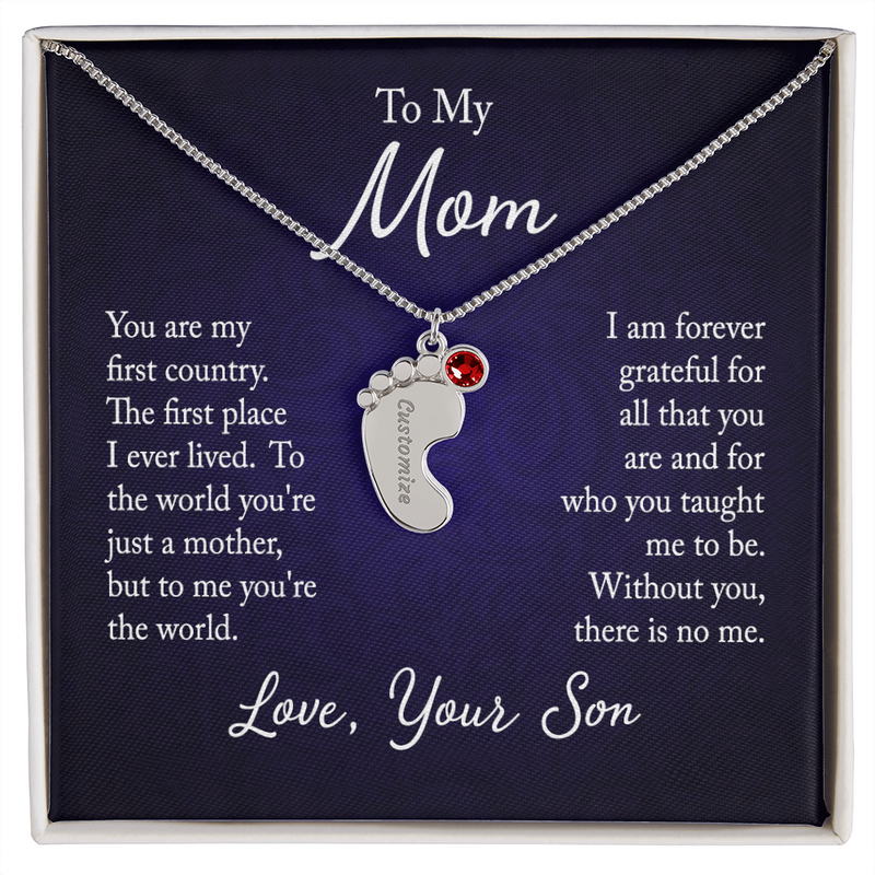 Engraved Baby Feet Necklace with Birthstone (To My Mama)